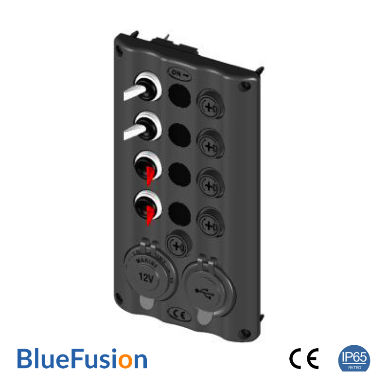 12V Switch Panel with Glow RED Toggles, 4 Gang + 2 Power Sockets, IP65 ...